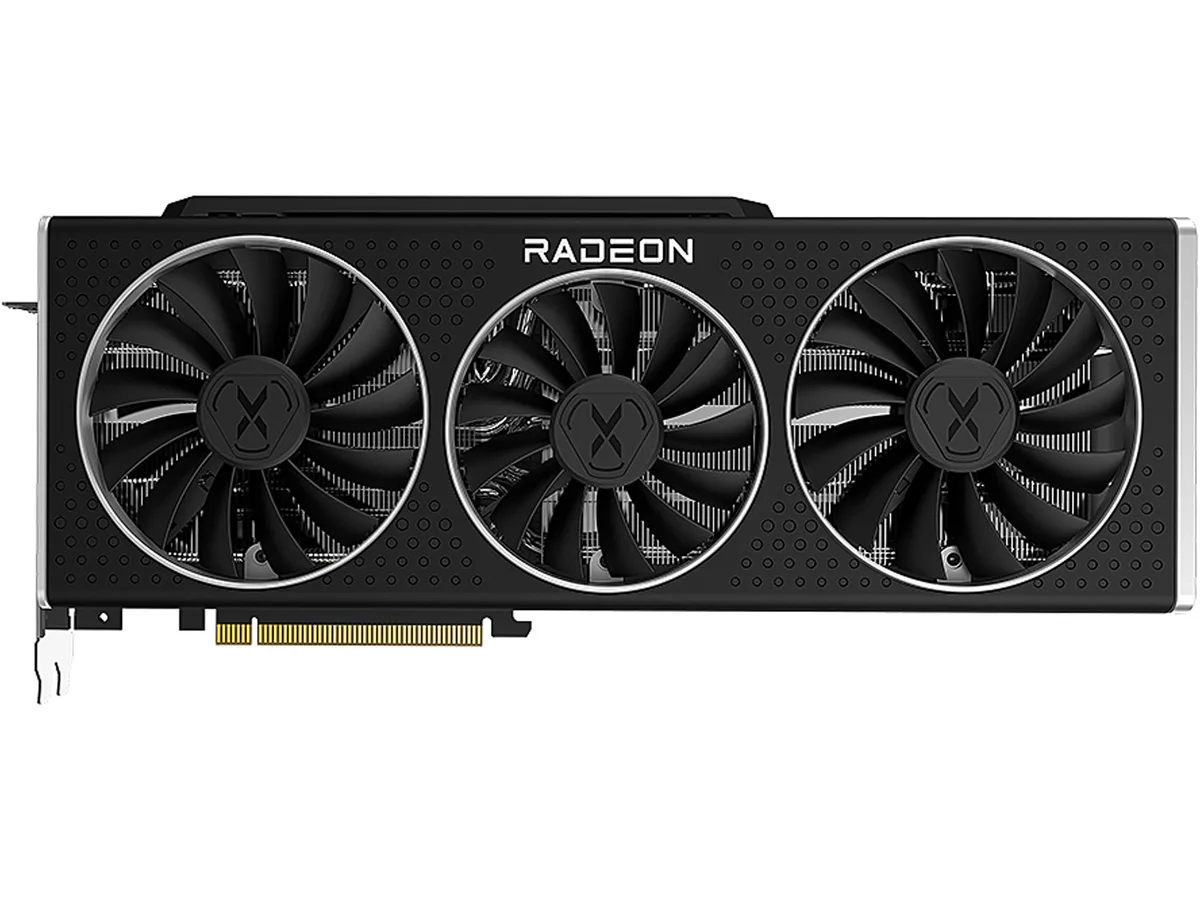 Large black triple-fan graphics card with angular shroud and metal backplate