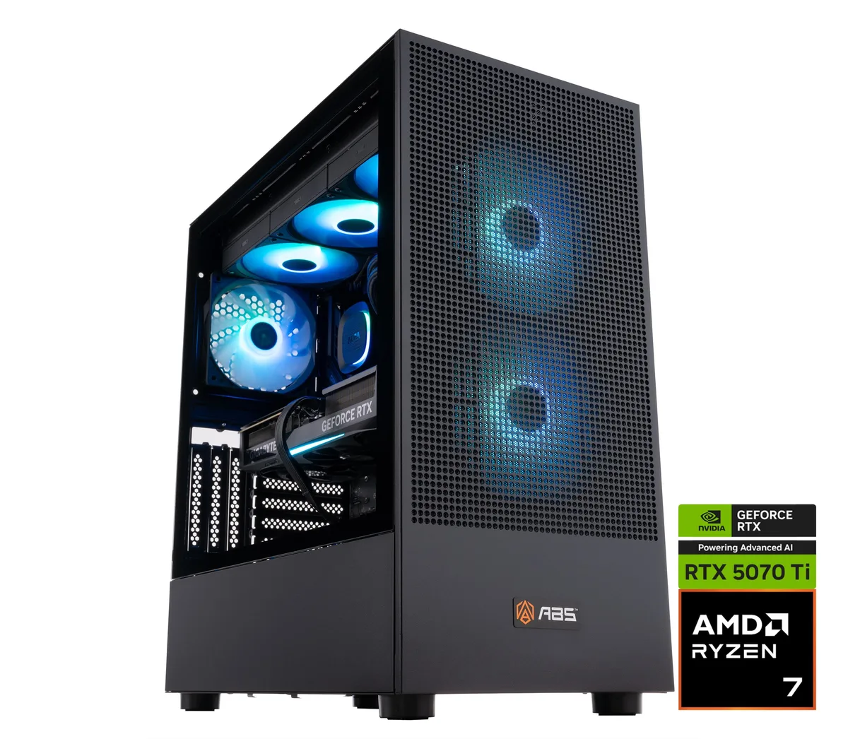 Black mid-tower gaming PC with mesh front panel and tempered glass side panel