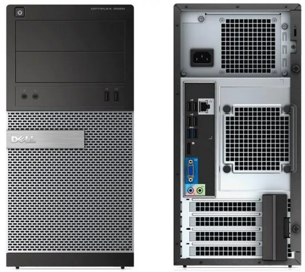 Black and silver Dell OptiPlex 3020 mini tower with keyboard and mouse