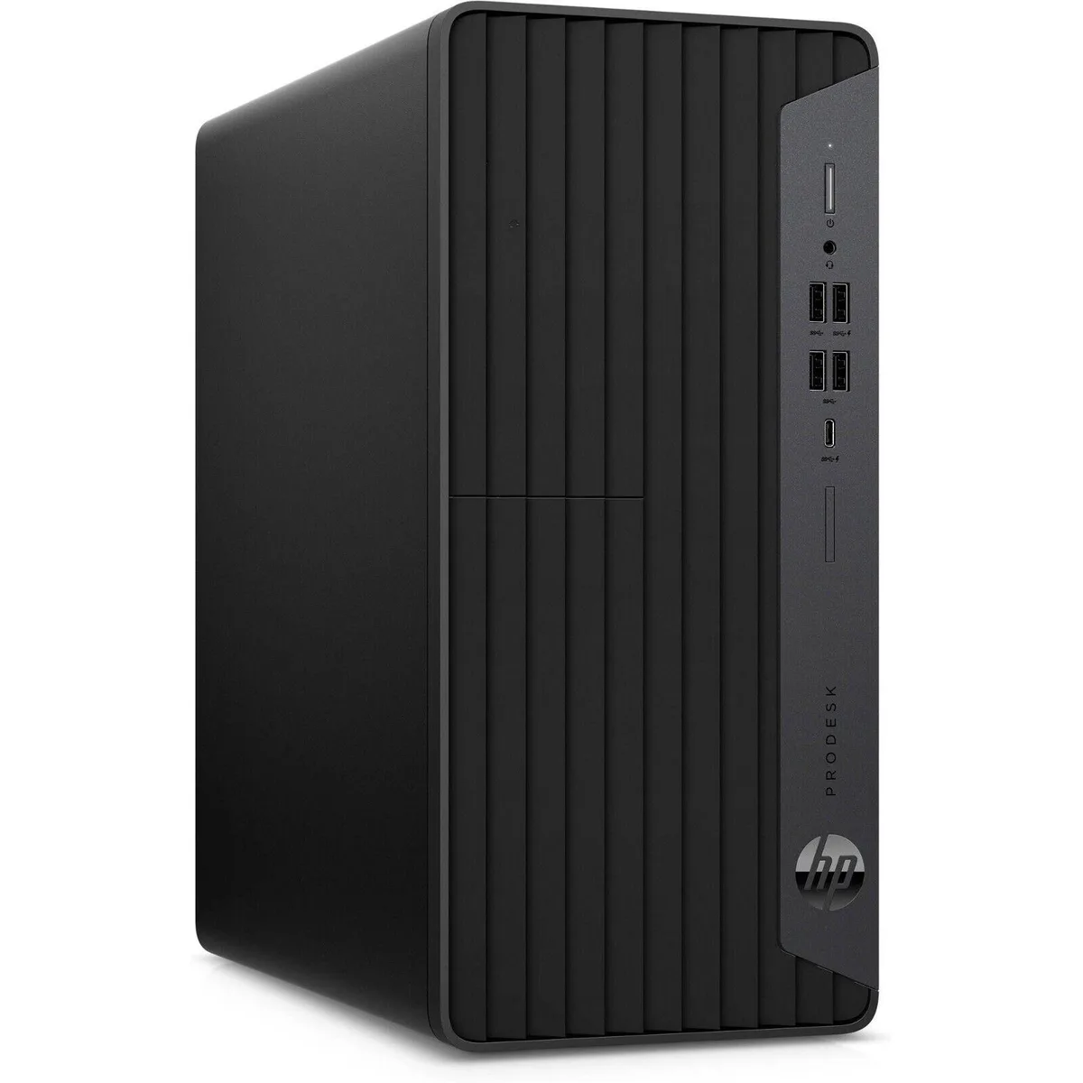 Black tower desktop PC with wired keyboard and mouse