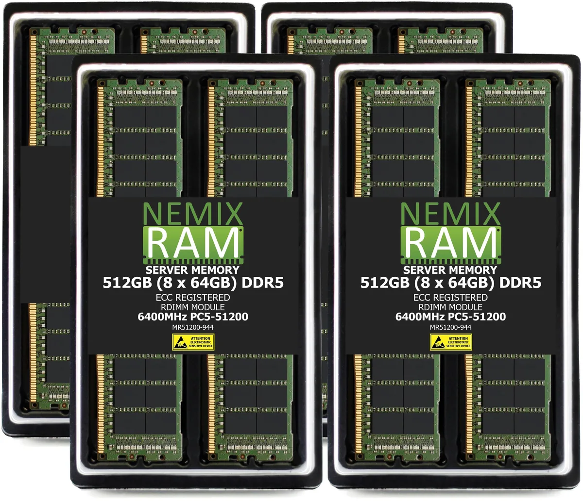 Eight green DDR5 RDIMM modules in anti-static tray
