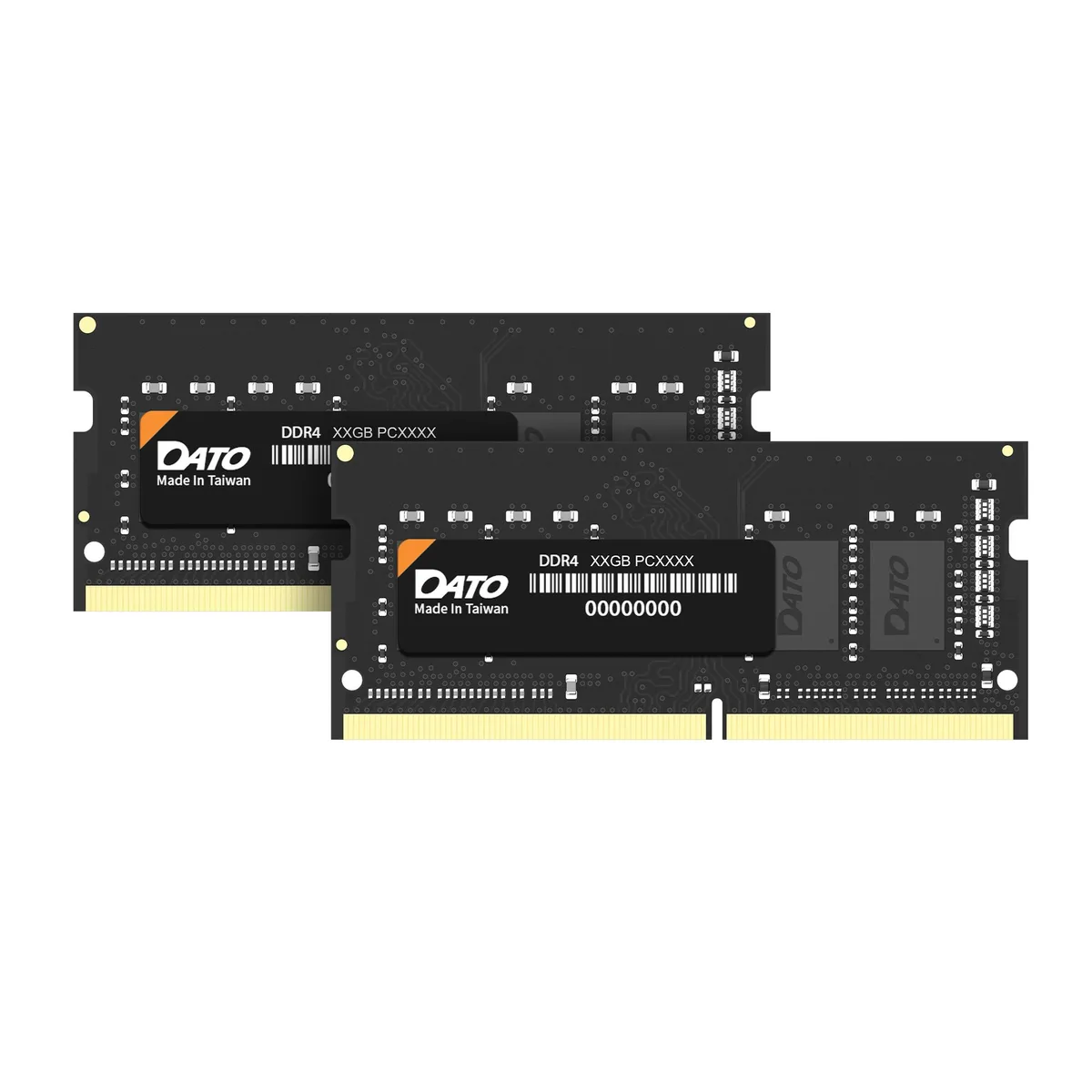 Two green laptop memory modules with gold contacts and black chips