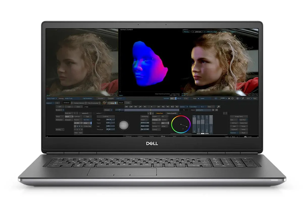 Silver Dell Precision 7750 17.3 inch laptop closed on a desk