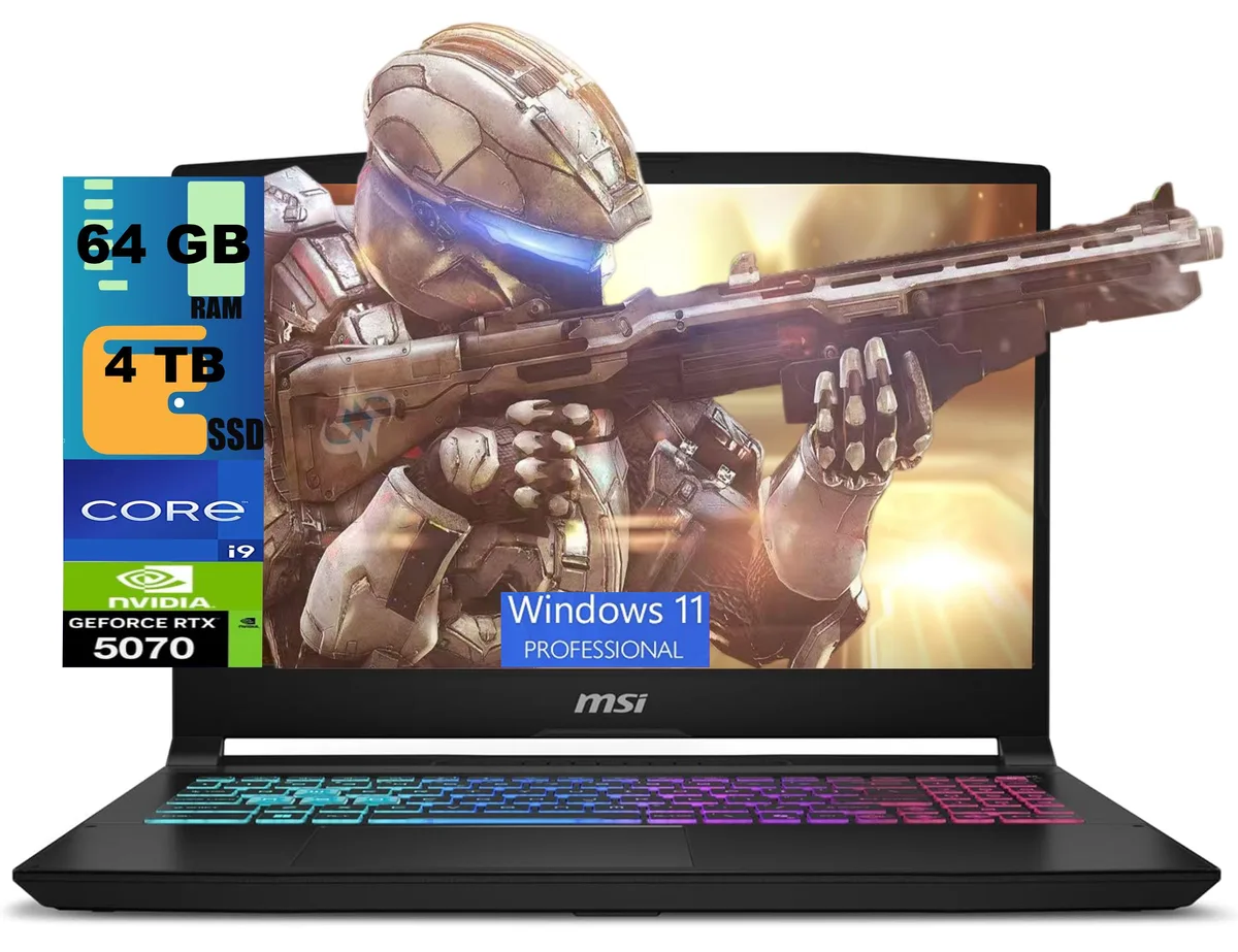 Black 15.6 inch gaming laptop with RGB keyboard and anti-glare screen