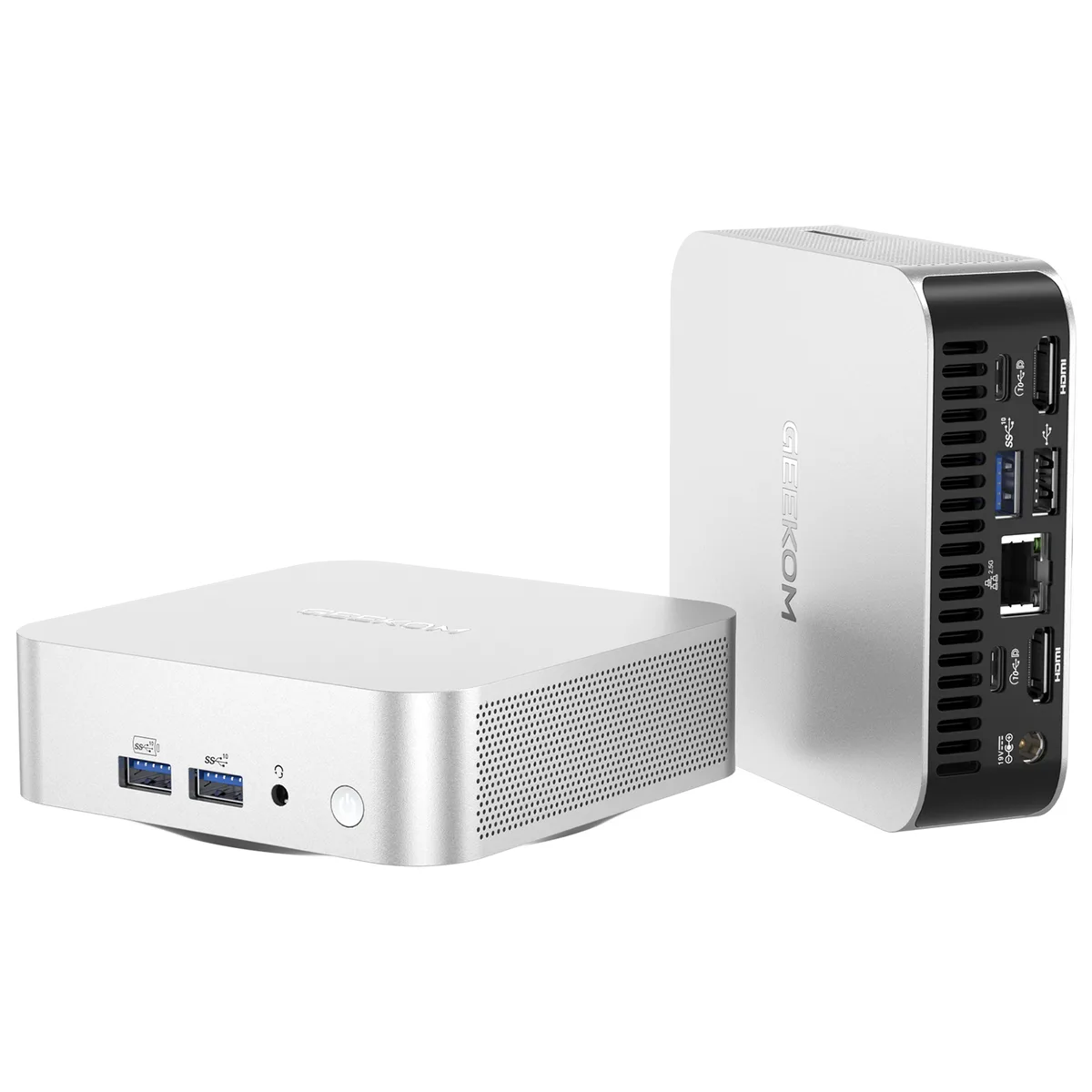 Silver Mini PC, 37 by 112 by 112 mm, square compact form