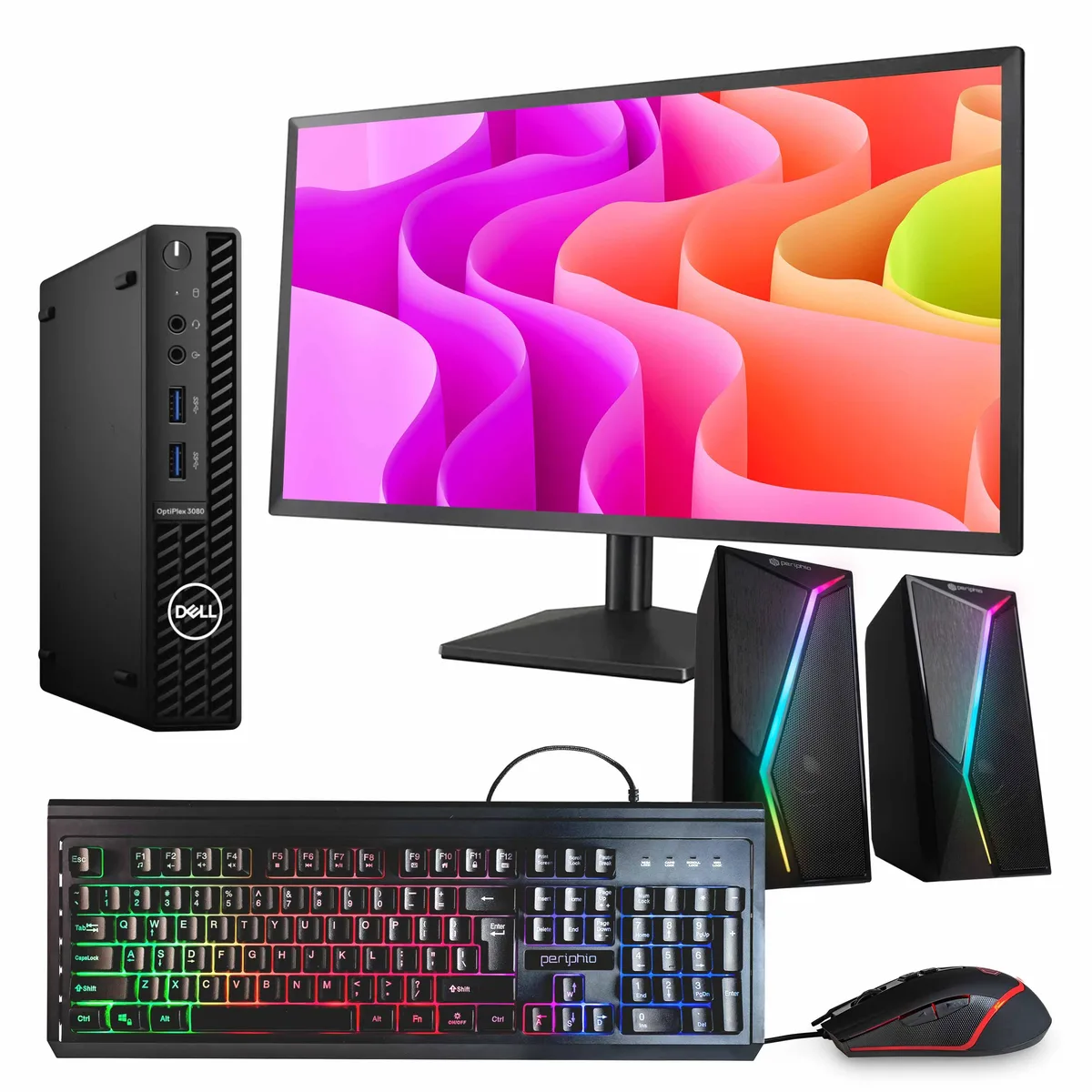 Black Dell OptiPlex 3080 Mini PC with 24 inch monitor, RGB speakers, keyboard and mouse