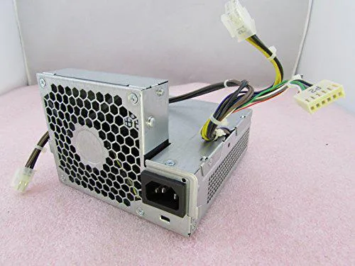 Grey rectangular proprietary power supply unit with side fan grille and rear connector panel