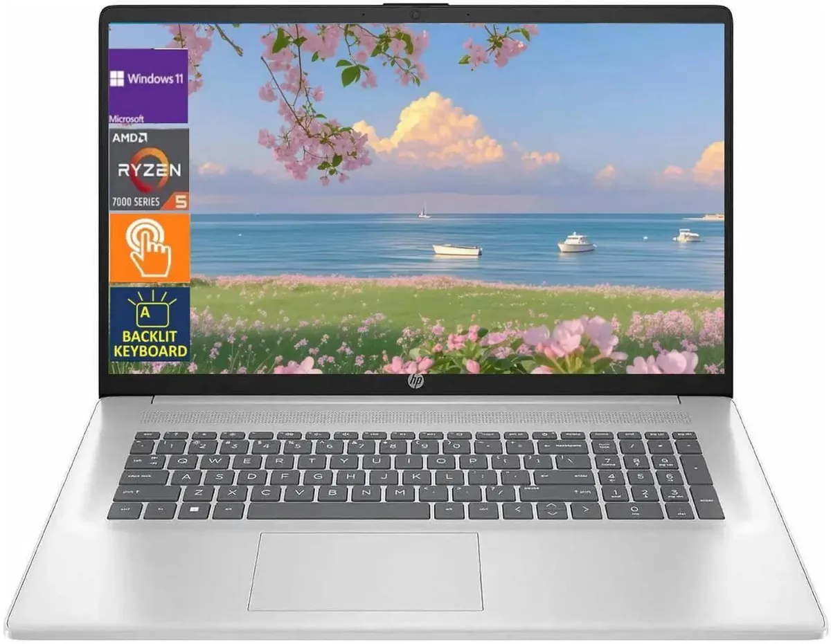 Silver 17.3 inch HD touchscreen laptop with backlit keyboard and numeric keypad