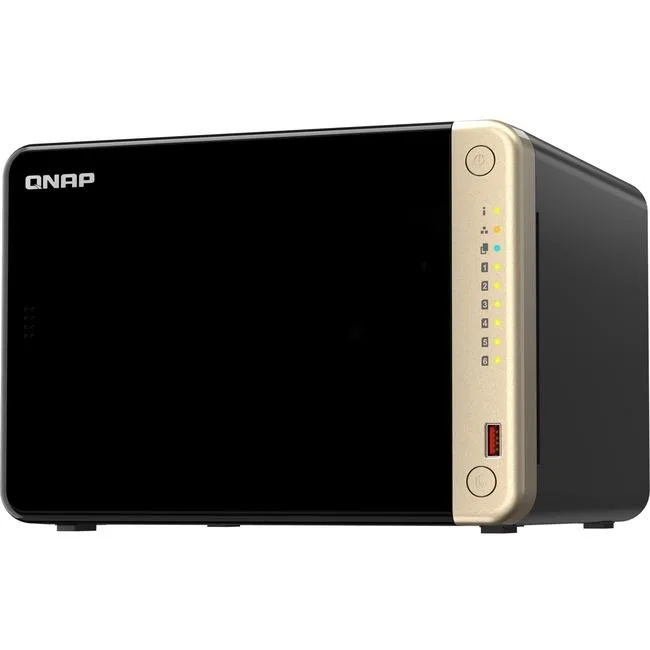 Silver six-bay desktop NAS unit with front drive trays