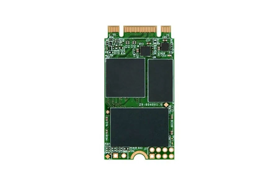 Small green M.2 2242 circuit board with gold edge connector and black controller chip