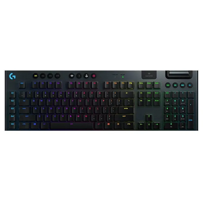 Full-size black mechanical keyboard with low-profile green switches and RGB lighting