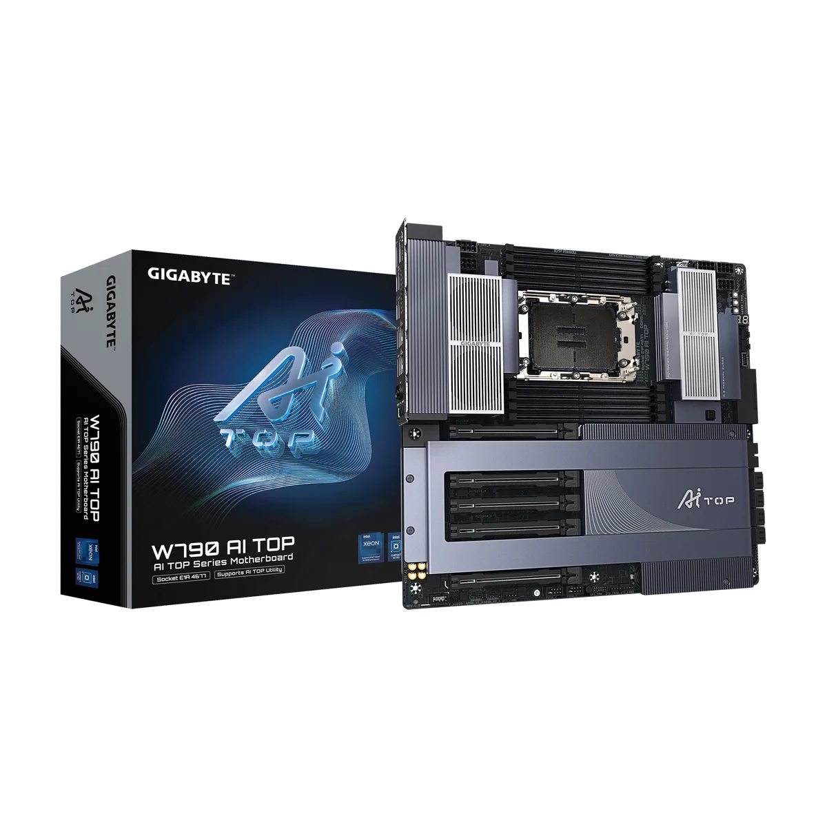 Large rectangular motherboard with silver heatsinks and black PCB, E-ATX size