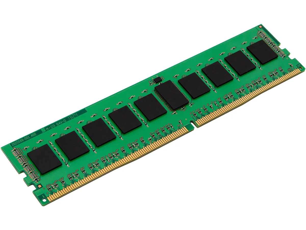 Green circuit board with black memory chips and gold contacts