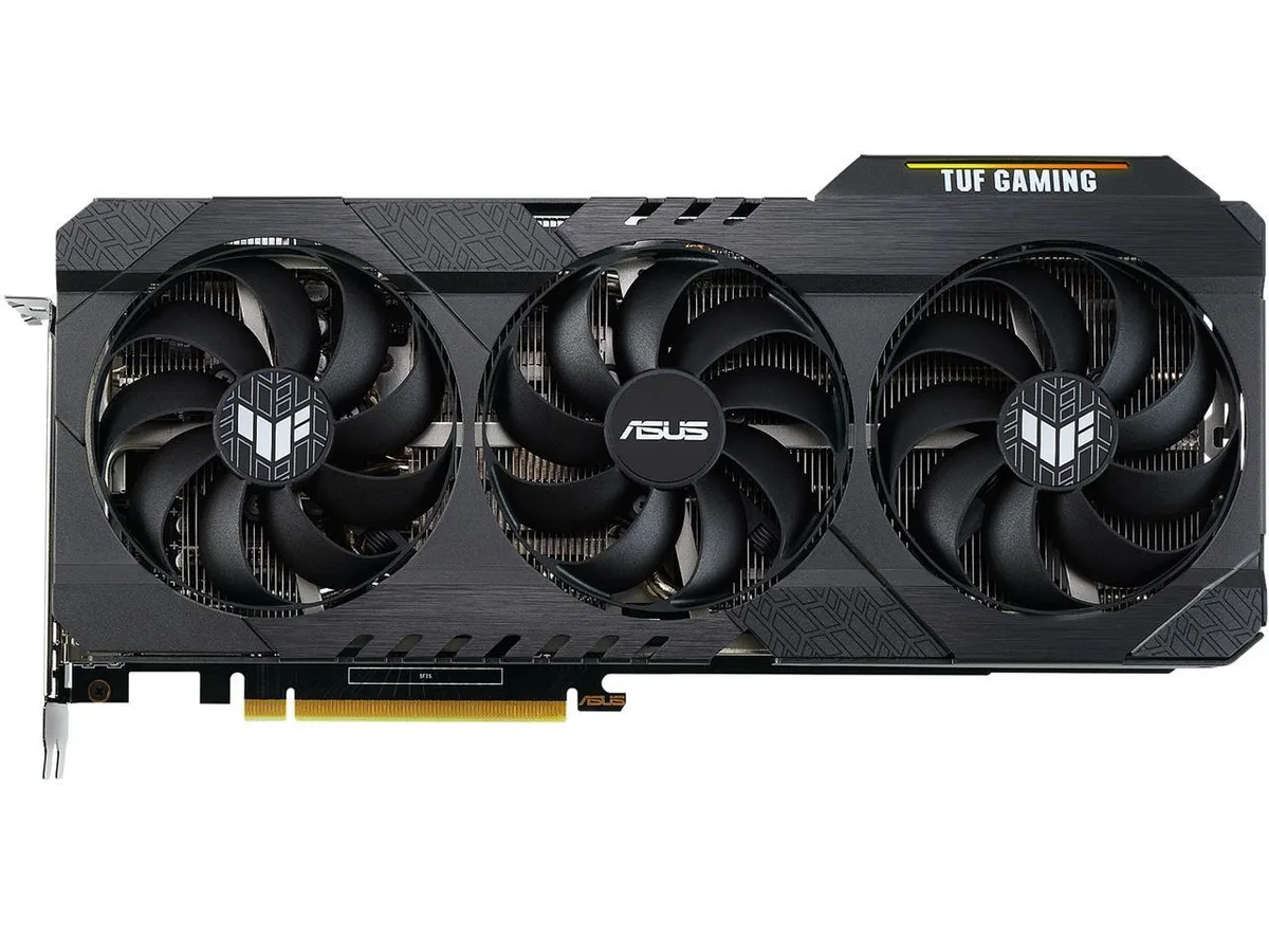 ASUS TUF Gaming RTX 3060 Ti V2 OC graphics card with triple-fan cooler and metal backplate