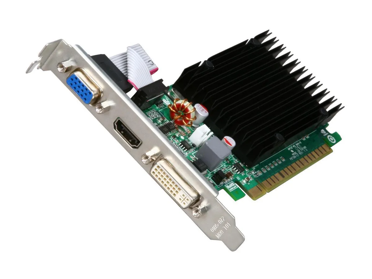 EVGA GeForce 8400 GS graphics card with single-slot cooler, DVI HDMI and VGA ports visible