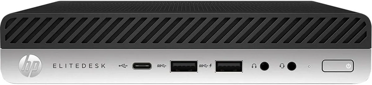 Small black HP EliteDesk 800 G5 Micro desktop tower on a plain background
