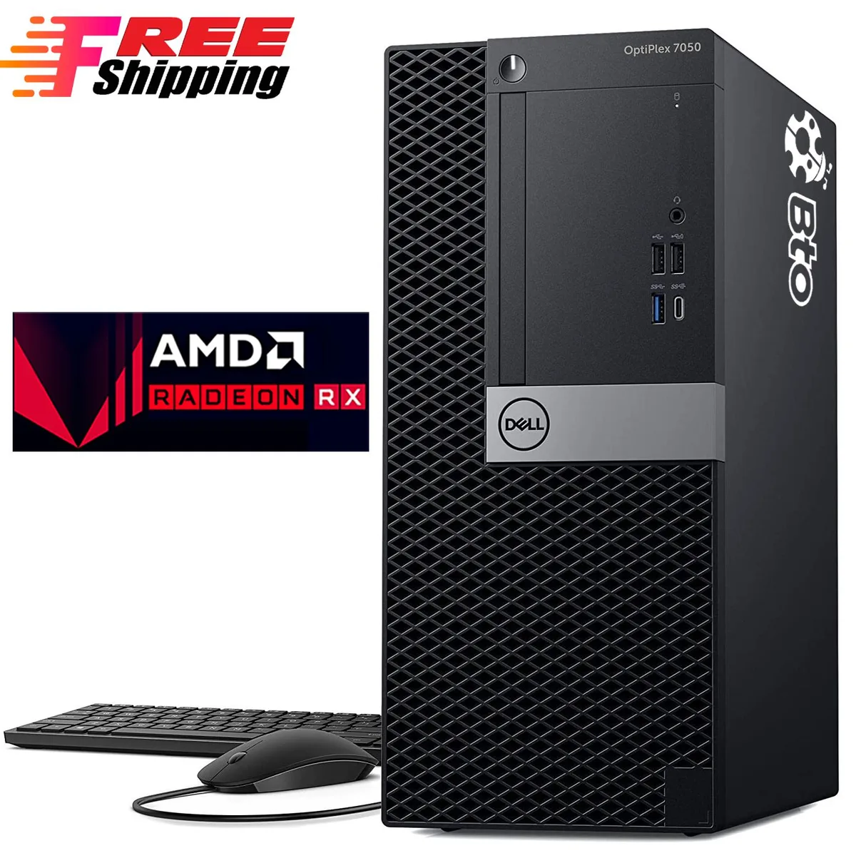 Black Dell OptiPlex 7050 tower desktop with keyboard and mouse
