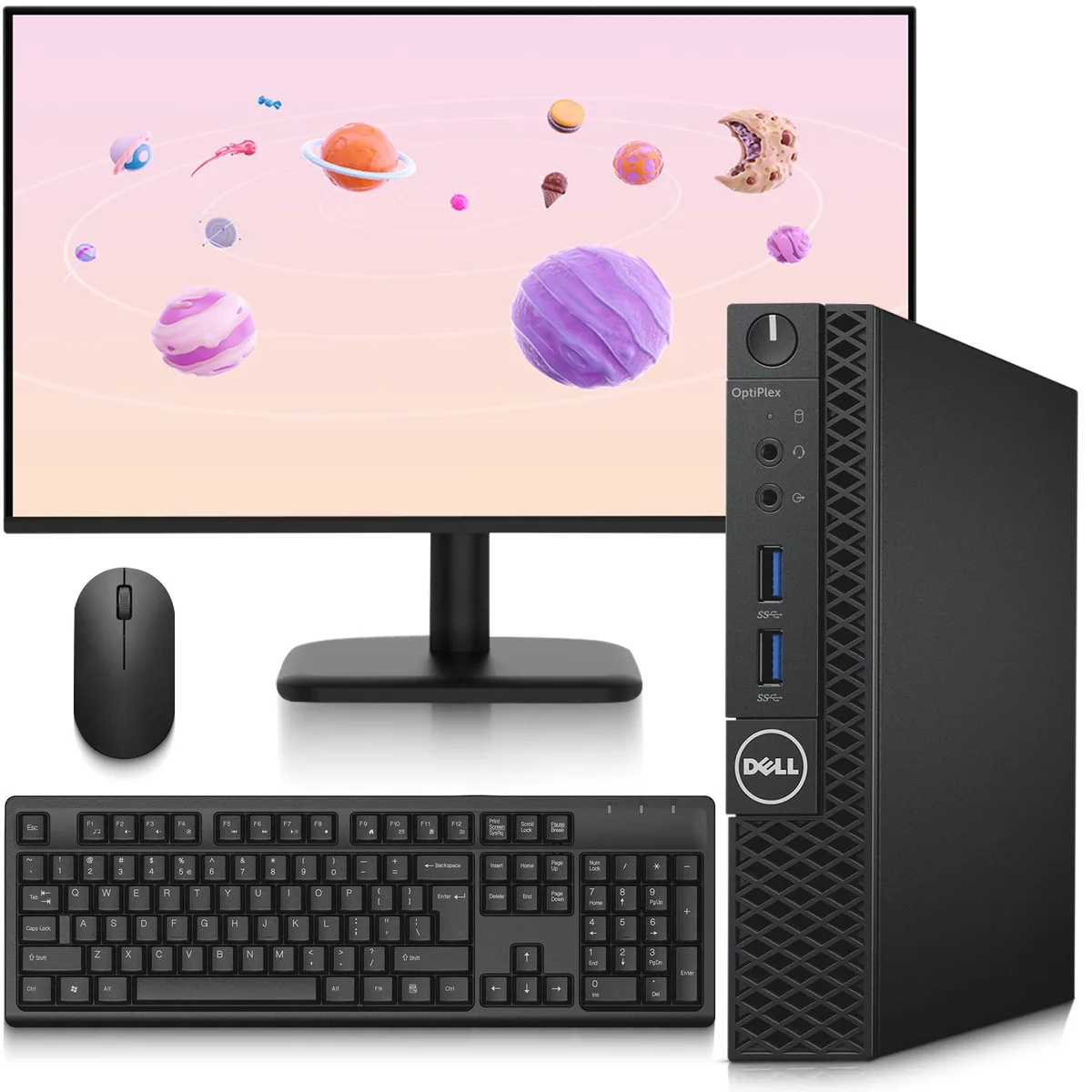 Small black Dell OptiPlex 3050 Tiny desktop beside 24 inch monitor with wireless keyboard and mouse