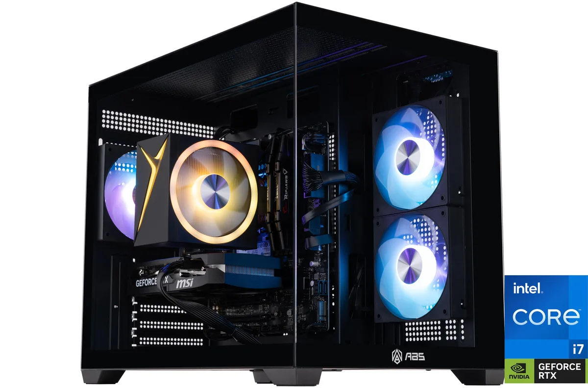 Black mid-tower gaming desktop with side panel window