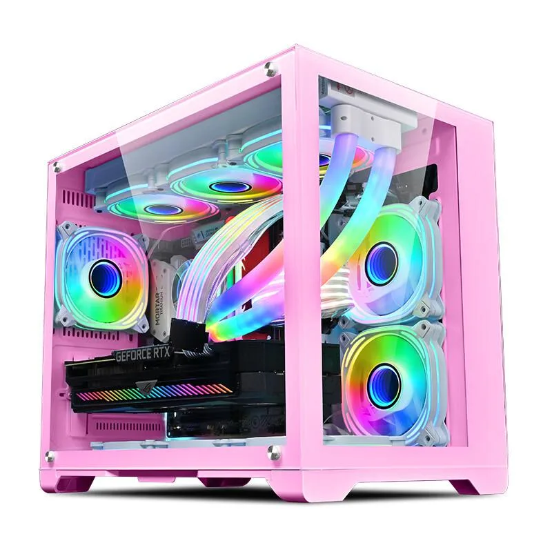 Pink mini-tower PC case with tempered glass side panel, white steel frame, front mesh intake, top and bottom fan mounts visible