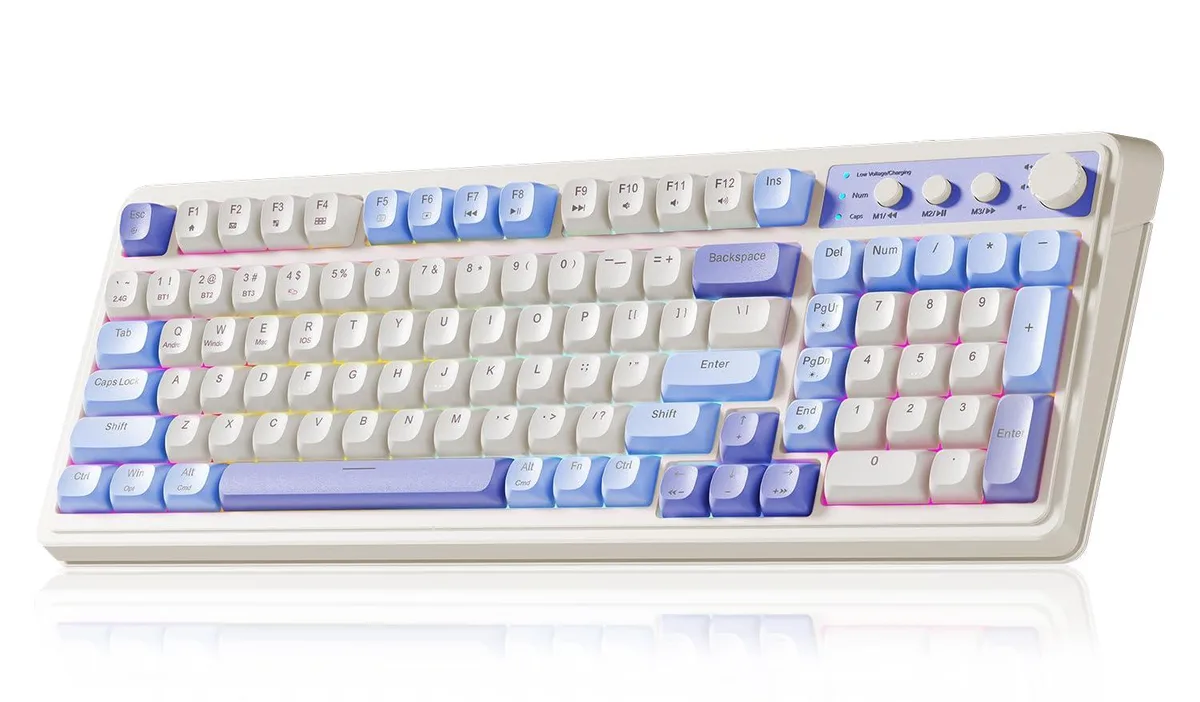 Purple-beige 99-key wireless keyboard with volume knob and RGB backlight