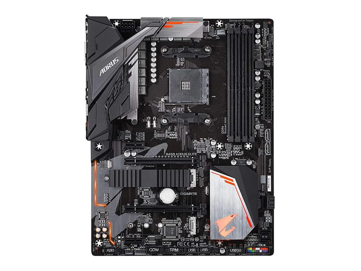 Black ATX motherboard with silver heatsinks and AM4 socket