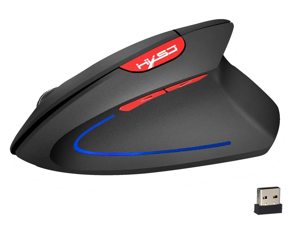 Vertical ergonomic gaming mouse in black and red with USB receiver and charging cable