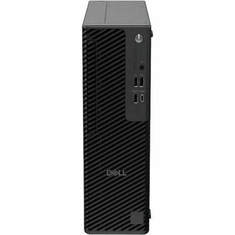 Compact slim desktop tower in matte black finish with front ports and ventilation grille