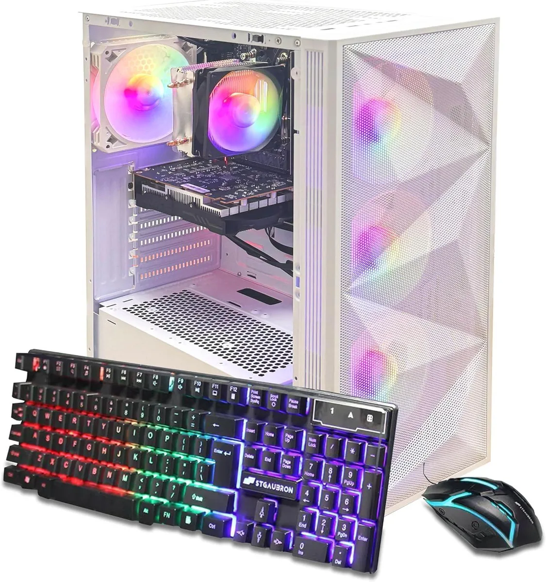 White tower gaming desktop with tempered glass side panel and four RGB fans visible inside