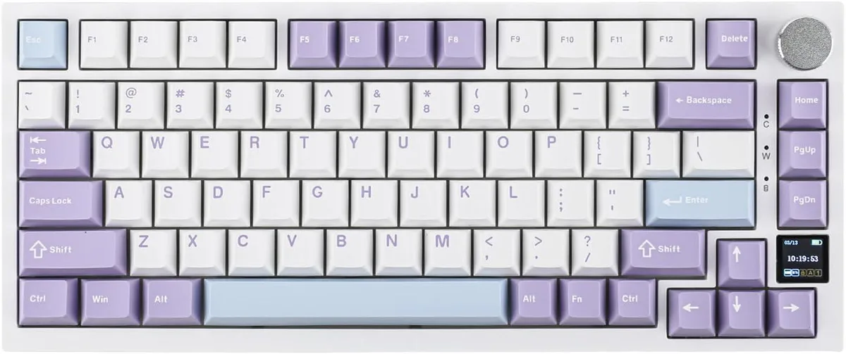 Purple 75% wireless mechanical keyboard with TFT display and knob