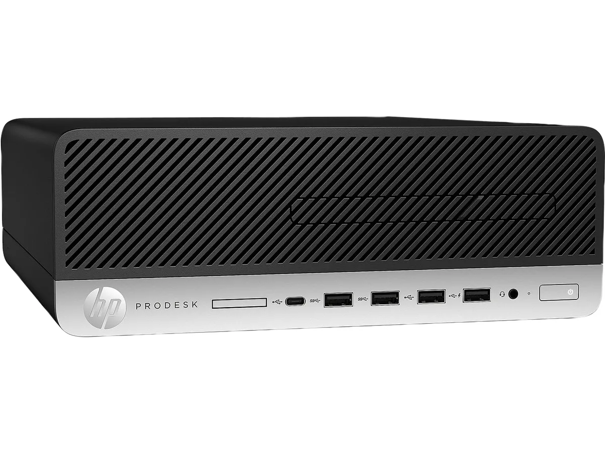 Small black desktop tower, slim form factor, refurbished condition