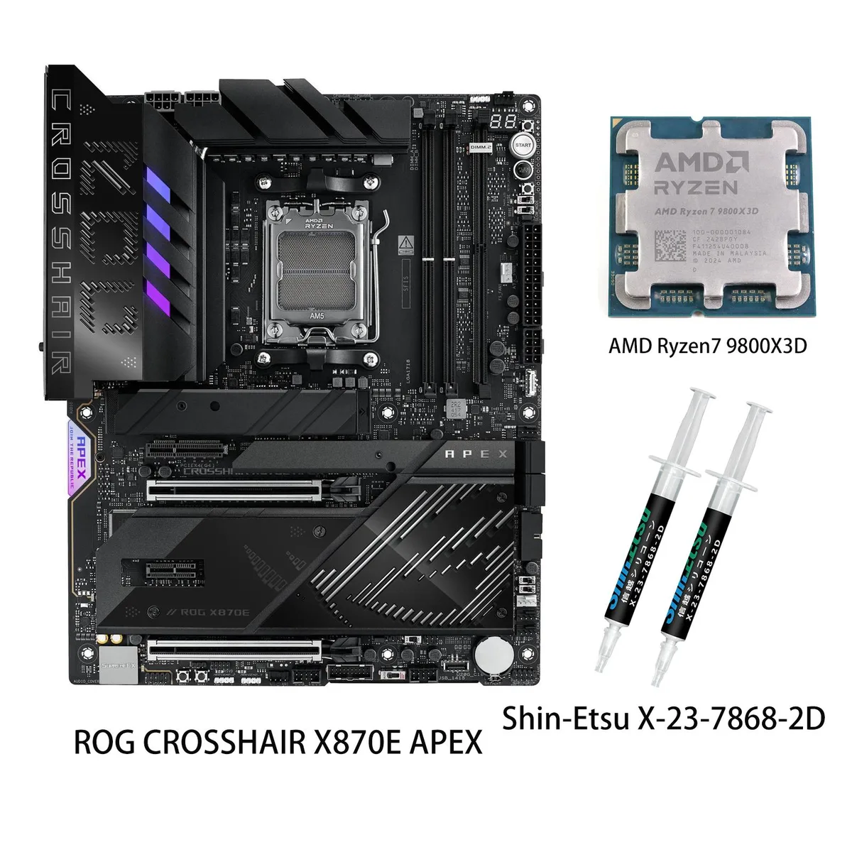 ATX motherboard with CPU installed, dark heatsinks, integrated I/O cover, ROG branding
