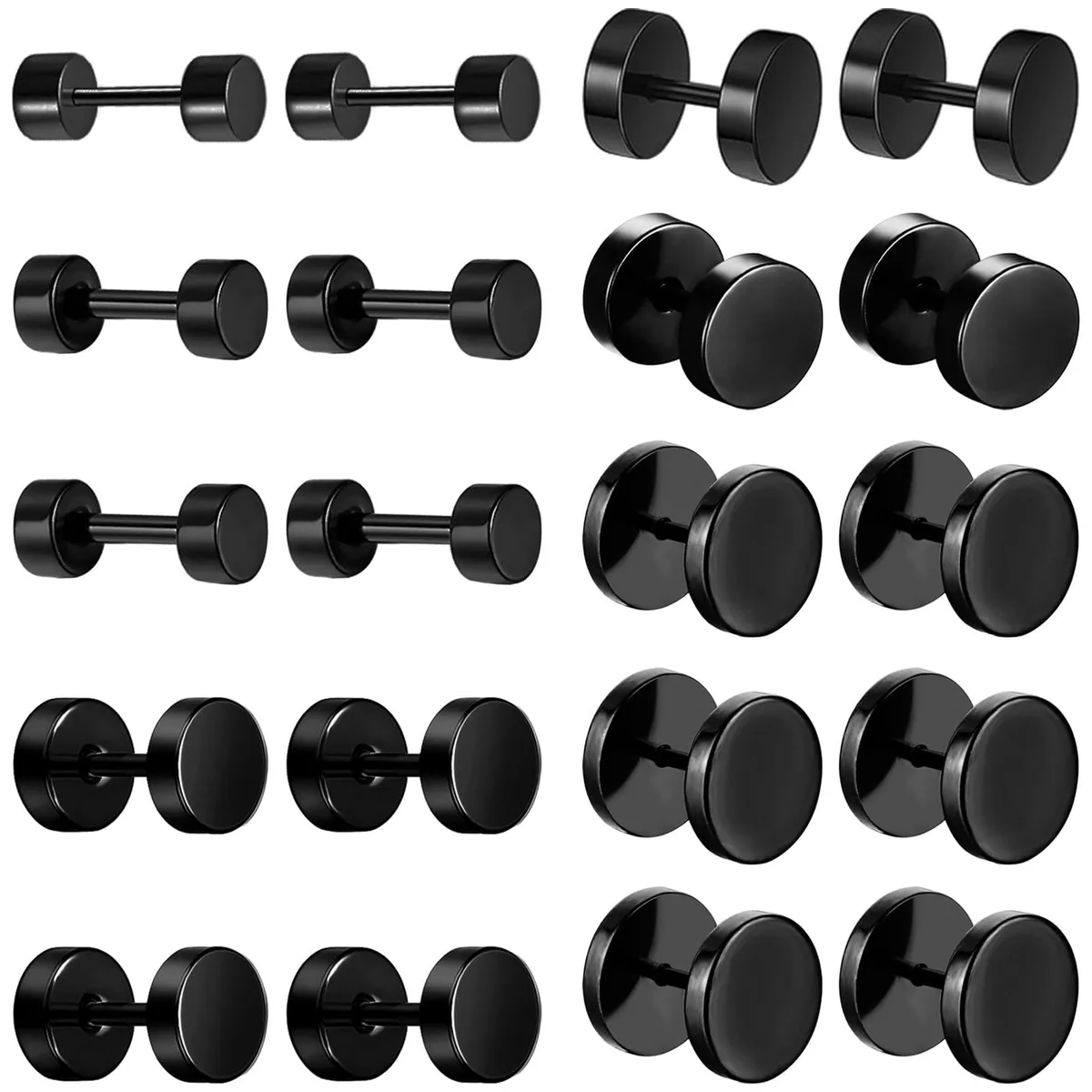  NEWITIN 10 Pairs Black Stud Earrings 3mm-14mm 18G 316L Stainless Steel — toote foto