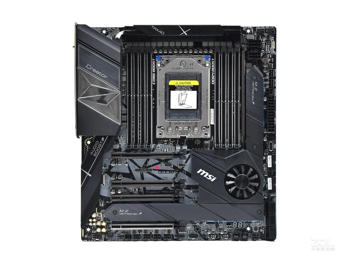 Rectangular ATX motherboard, dark grey finish, large socket area, multiple expansion slots