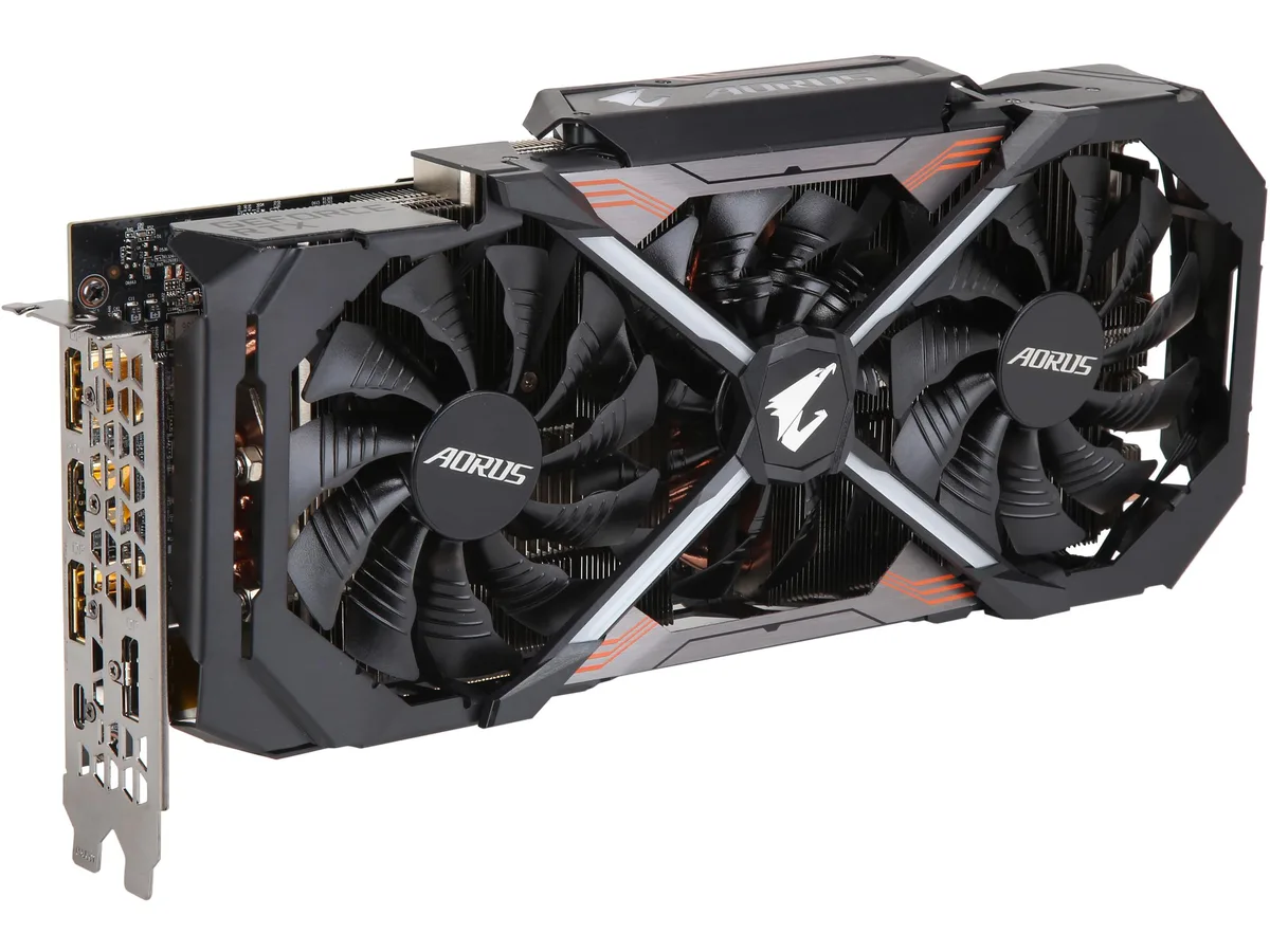Triple-fan graphics card, silver shroud with RGB lighting, exposed backplate, PCIe bracket showing HDMI, DisplayPort, USB-C