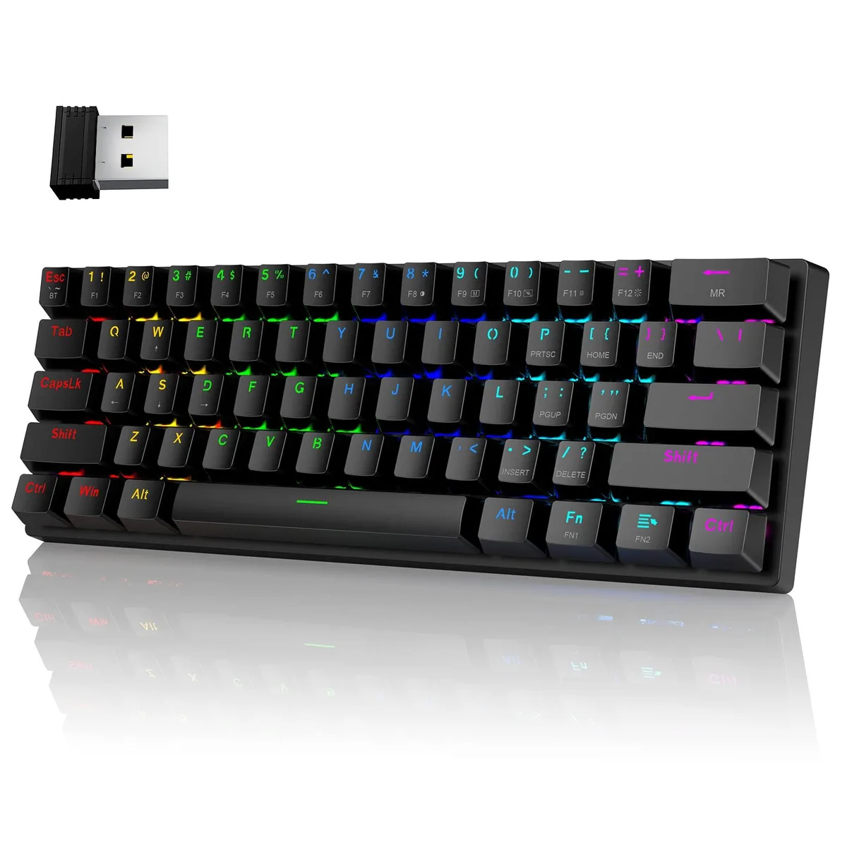 Black compact 60 percent mechanical keyboard with RGB backlighting and clicky blue switches
