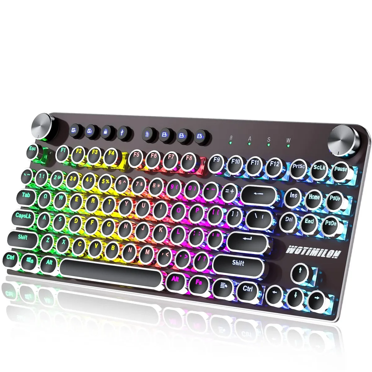 Black tenkeyless mechanical keyboard with round typewriter keycaps, two metal control knobs and RGB backlighting