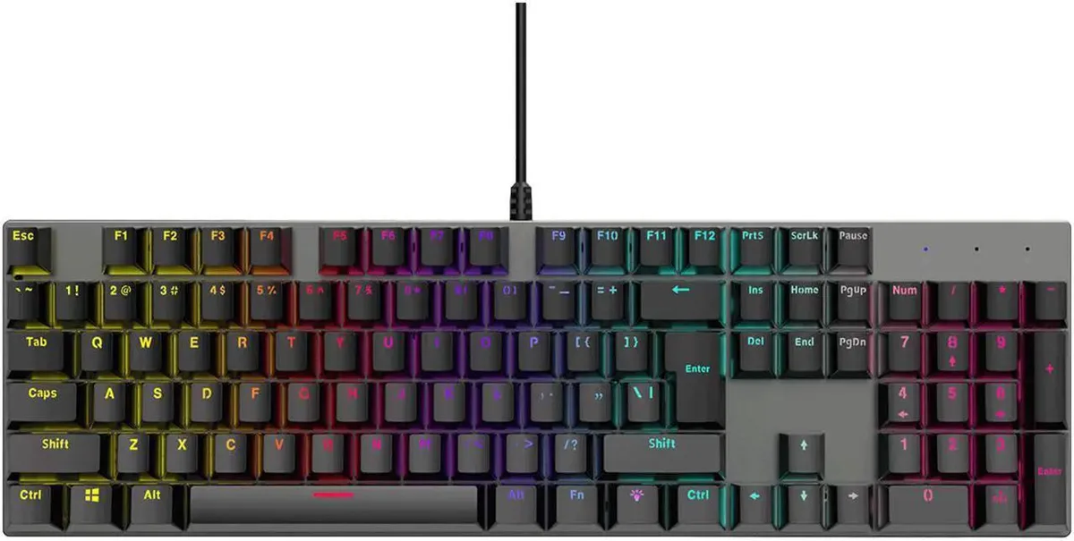 Black full-size mechanical keyboard with blue switches and rainbow LED backlighting, 104 keys, detachable USB cable