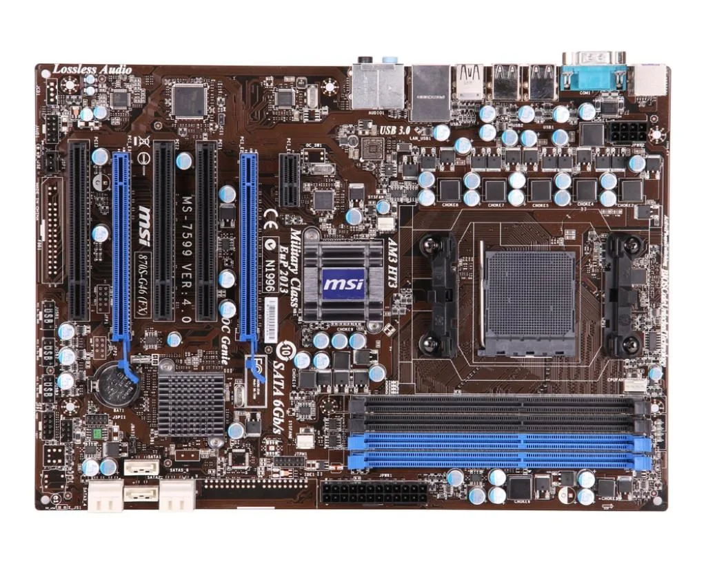 Green rectangular ATX motherboard with silver sockets and black slots