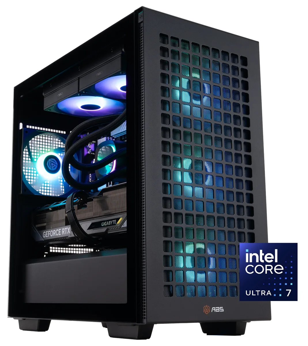 Black micro-tower gaming desktop with glass side panel showing RGB memory and liquid cooler