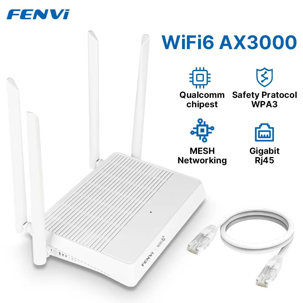 A rectangular router with four tall external antennas in a black finish