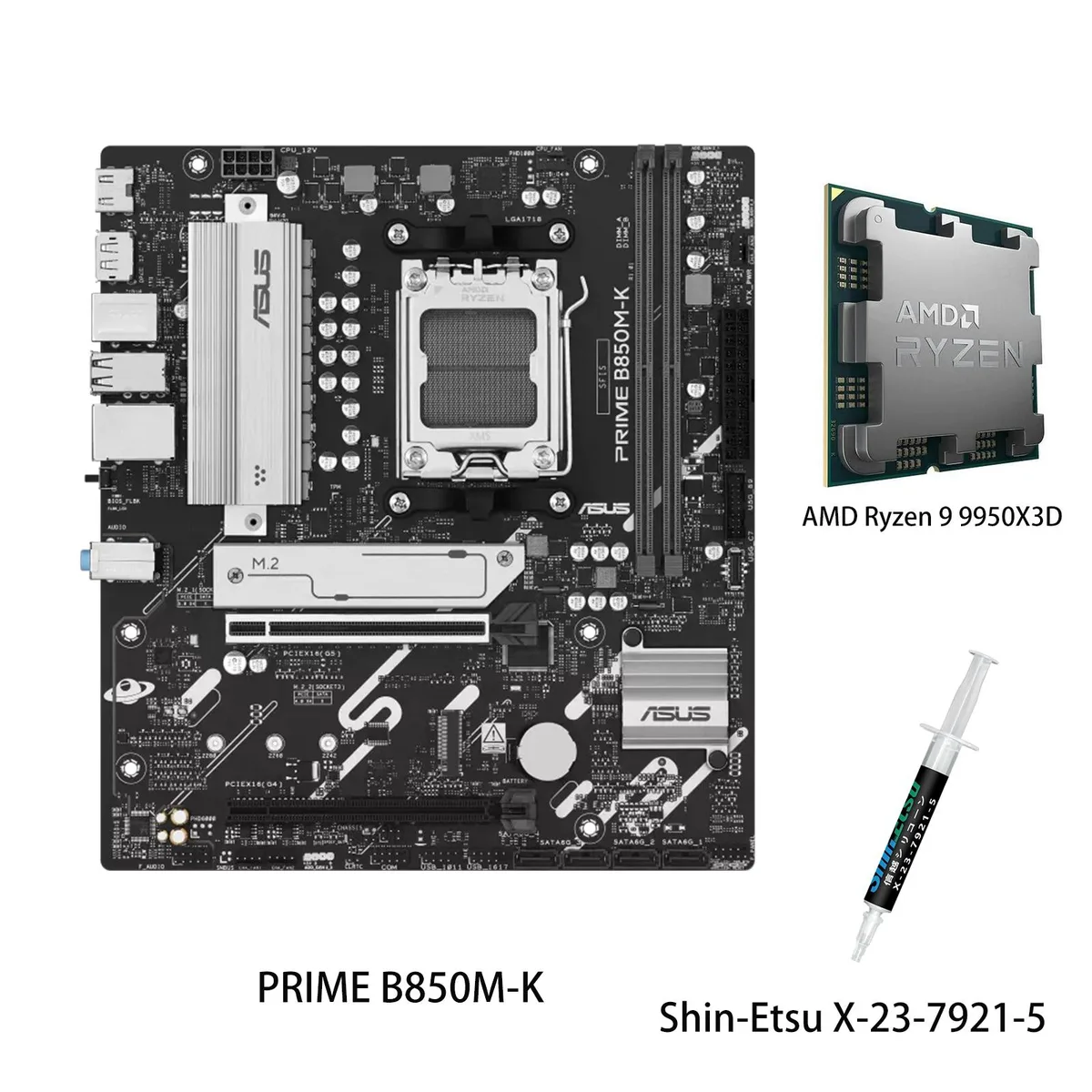 ASUS PRIME B850M-K mATX motherboard with Ryzen 9 9950X3D CPU installed