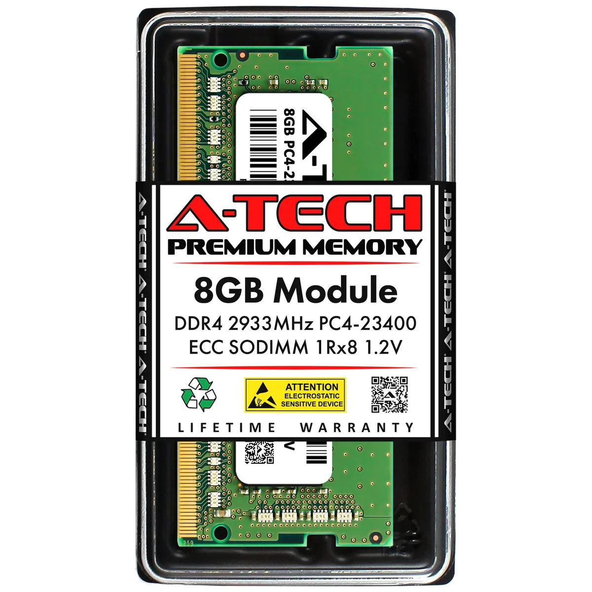 Green rectangular DDR4 SODIMM module with black chips and gold contacts