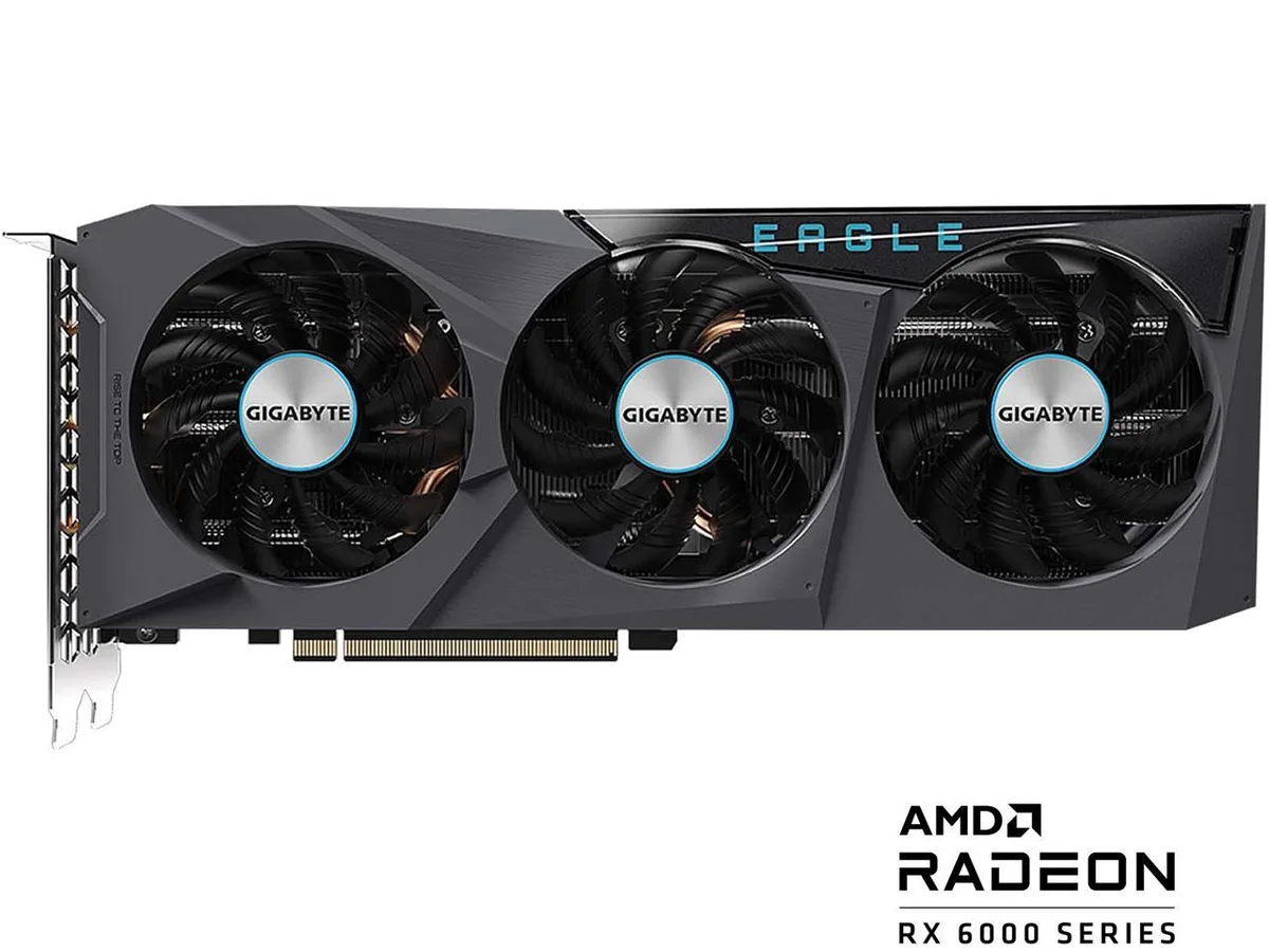 Triple-fan graphics card with silver shroud and metal backplate