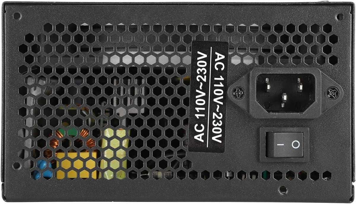 Rectangular black ATX power supply unit with 14cm fan visible on rear grille