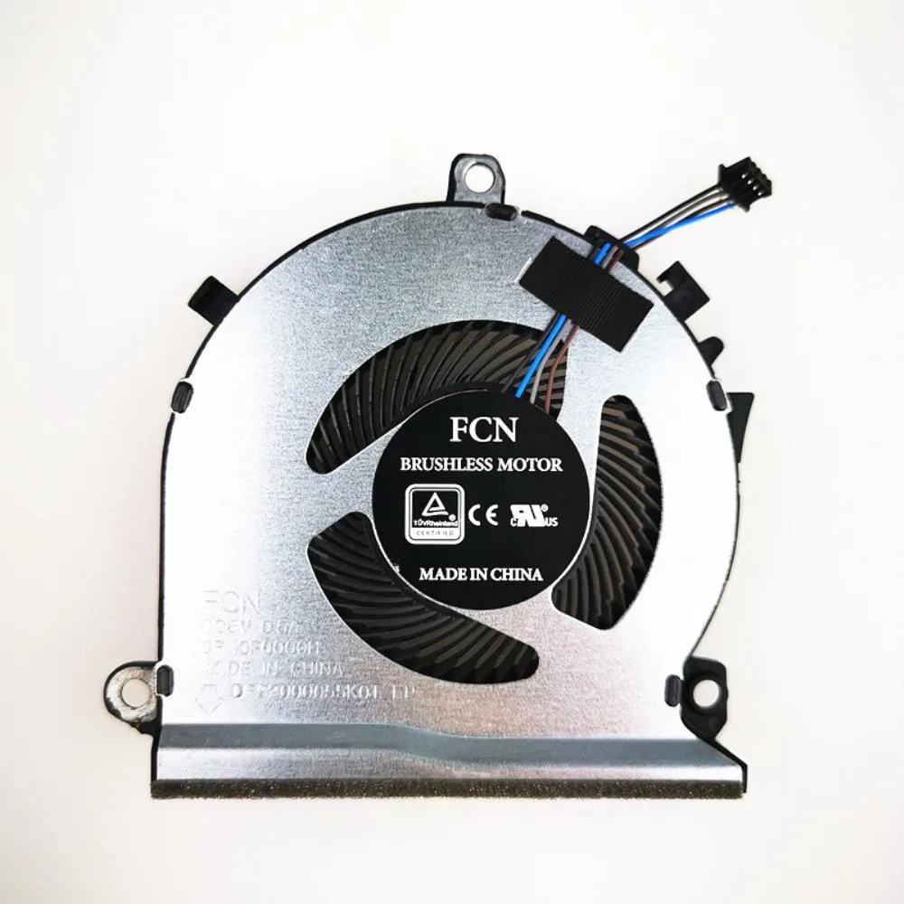 Black laptop CPU cooling fan with four-pin connector and plastic housing