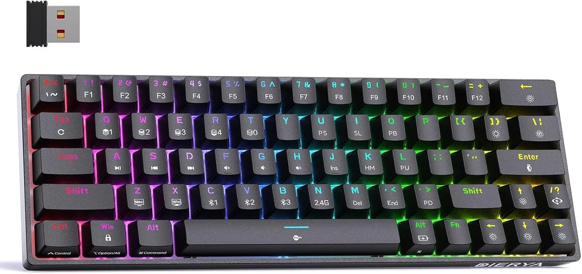 Compact black 60 percent mechanical keyboard with 63 keys and RGB backlighting