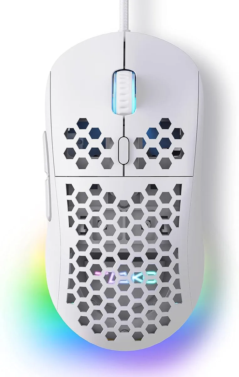 White ultralight gaming mouse with honeycomb shell and RGB lighting