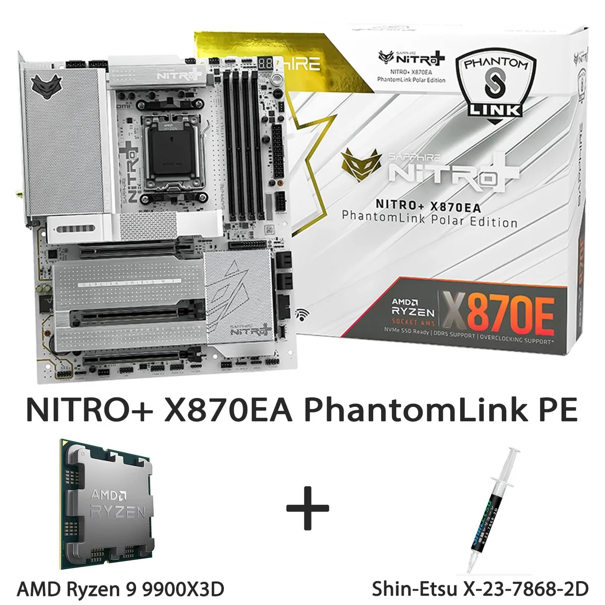 Sapphire Tech Sapphire Tech NITRO+ X870EA PhantomLink PE AM5 ATX Motherboard + Ryzen 9 9900X3D CPU Combo — product photo