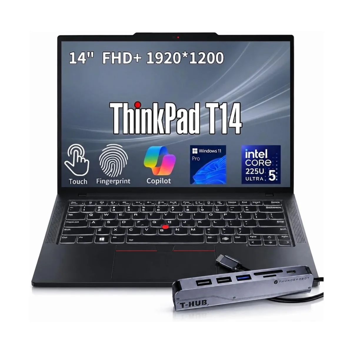 Black Lenovo ThinkPad T14 laptop, 14 inch FHD+ touchscreen, includes 7-in-1 USB-C hub